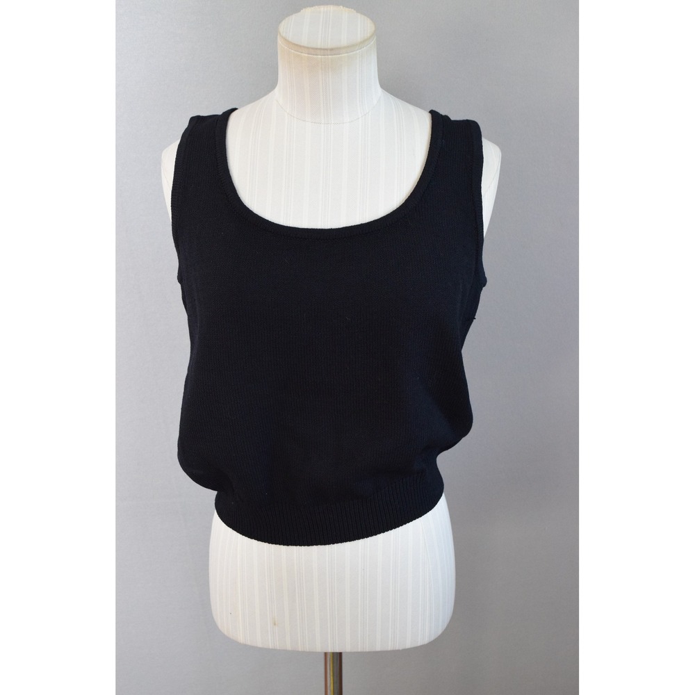 St. John Basics Knit Tank Top Medium Black Scoop Neck Sleeveless Women HOLE